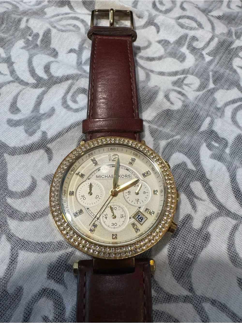 Michael Kors Gold-Tone Crystal Bezel Watch with Brown Leather Strap